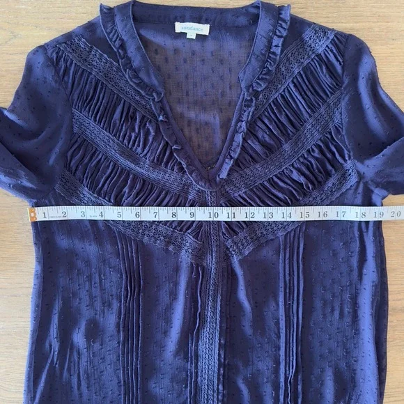 Sundance Silk Chiffon‎ Swiss Dot Pintuck Lace Top-Long Sleeve-Navy-Size Small - Picture 8 of 12